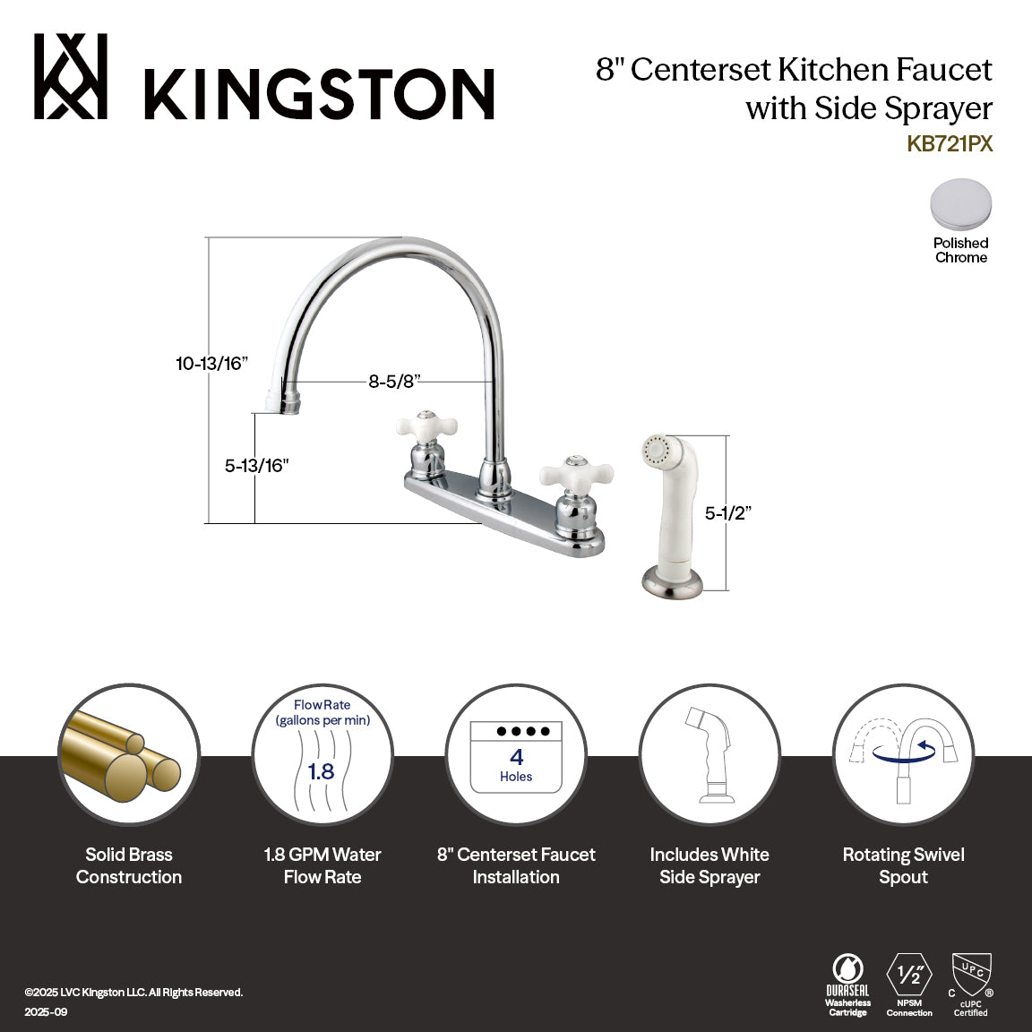 Kingston Heirloom KB721PX - Vintage Two-Handle 4-Hole 8" Centerset Kitchen Faucet with Side Sprayer, Polished Chrome — thumbnail 2